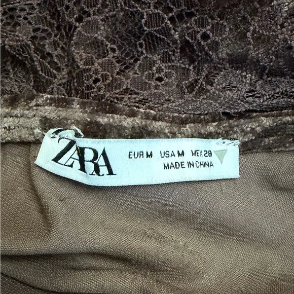 Zara Brown Velvet Lace-Trim Slip Dress - Picture 8 of 12